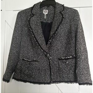 Anne Klein Blazer/Jacket Women 10 White/ Black‎ Tweed Frayed Lined ,Pockets